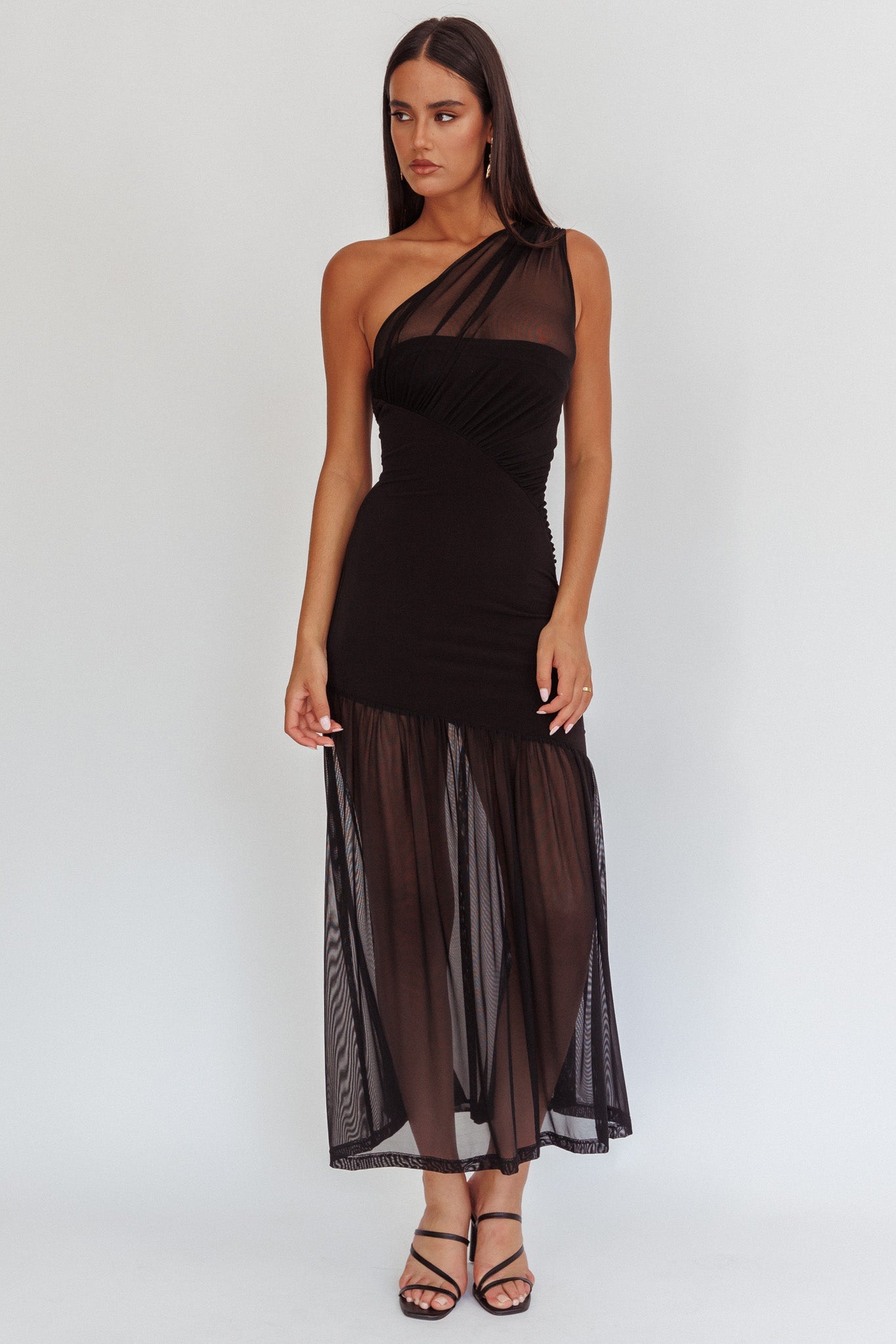Passion One-Shoulder Mesh Maxi Dress Black