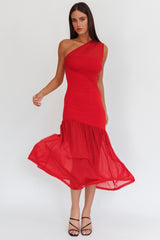 Passion One-Shoulder Mesh Maxi Dress Red