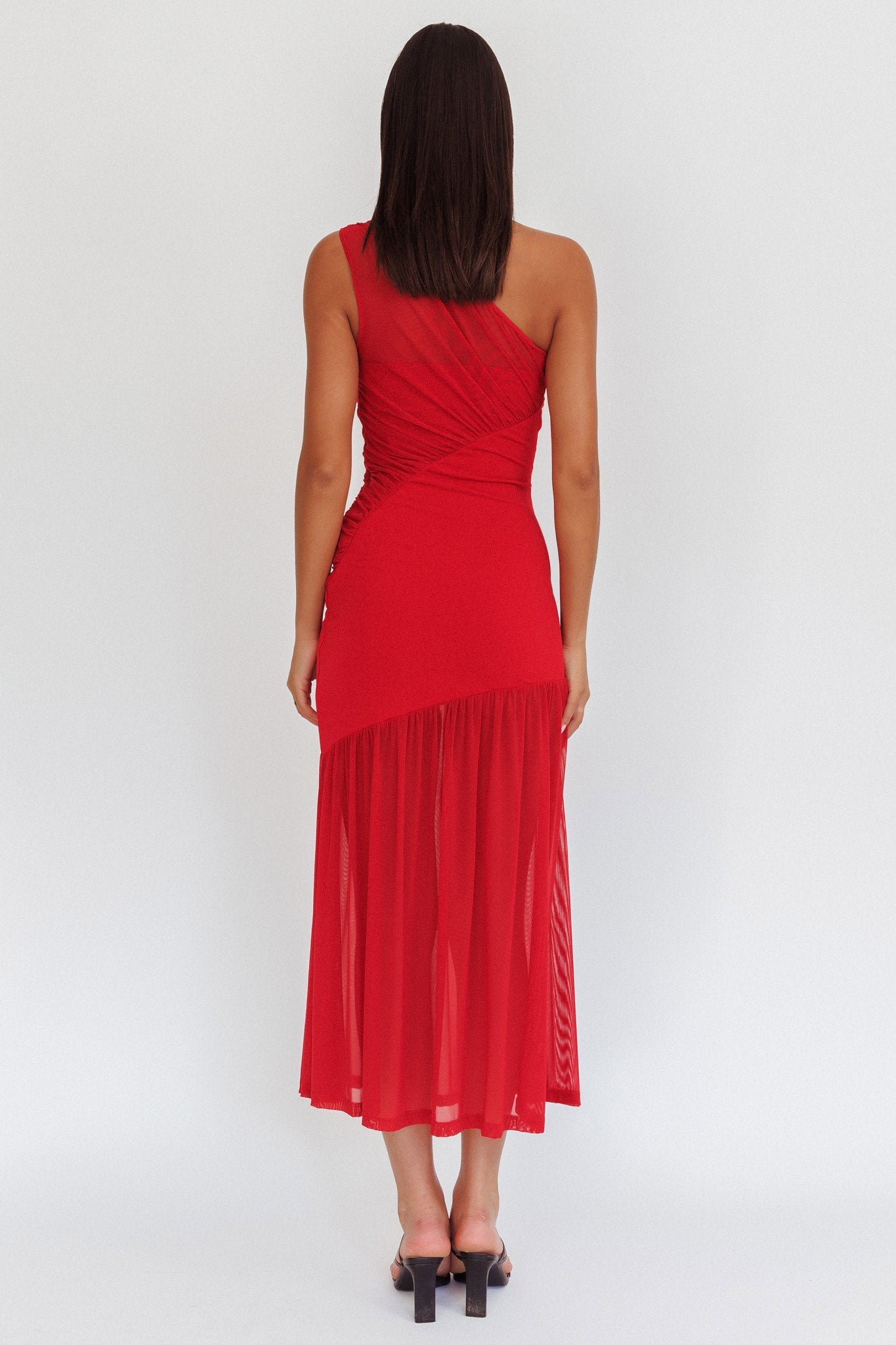 Passion One-Shoulder Mesh Maxi Dress Red