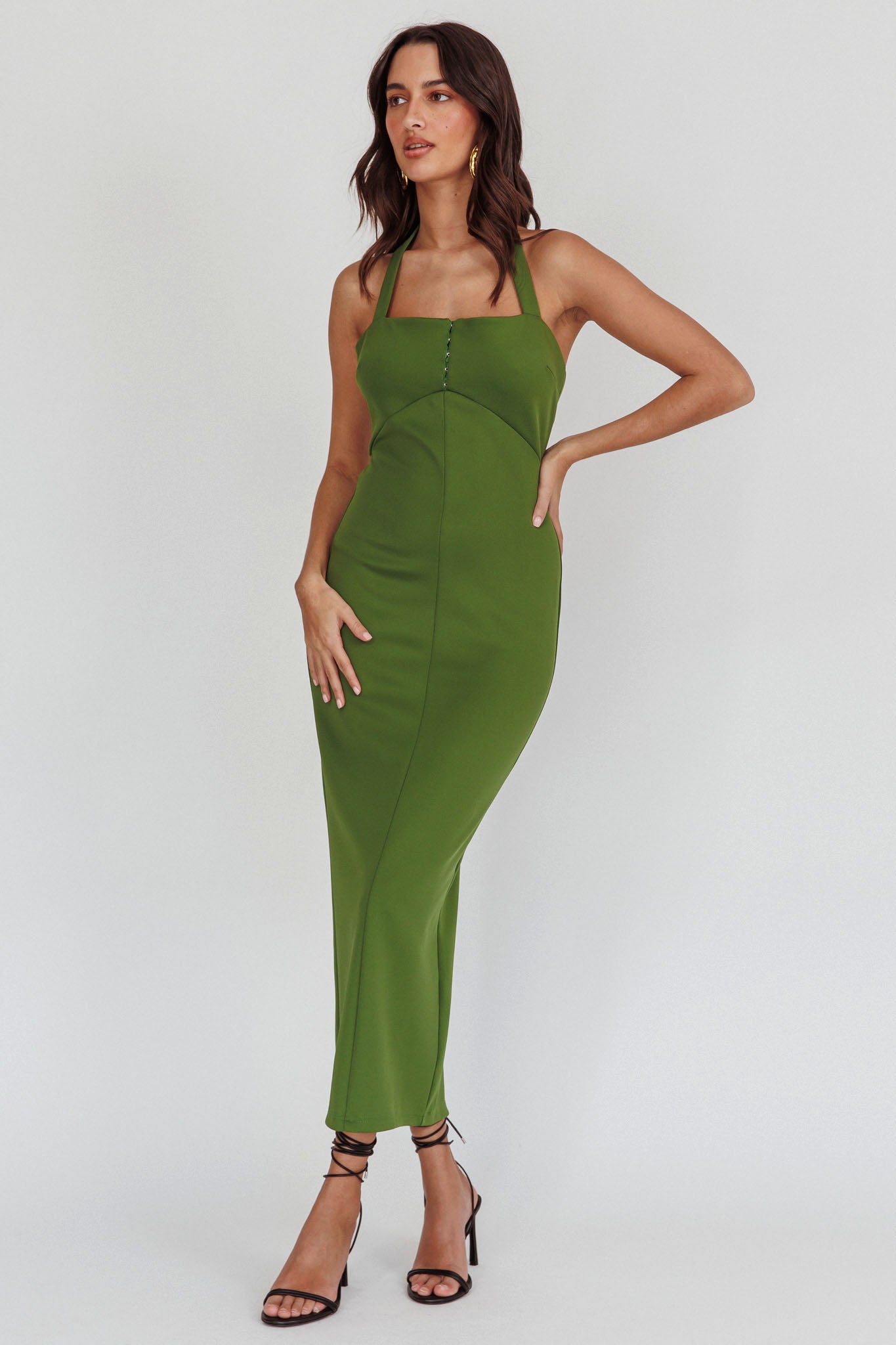 Goldfoil Halter Neck Maxi Dress Olive