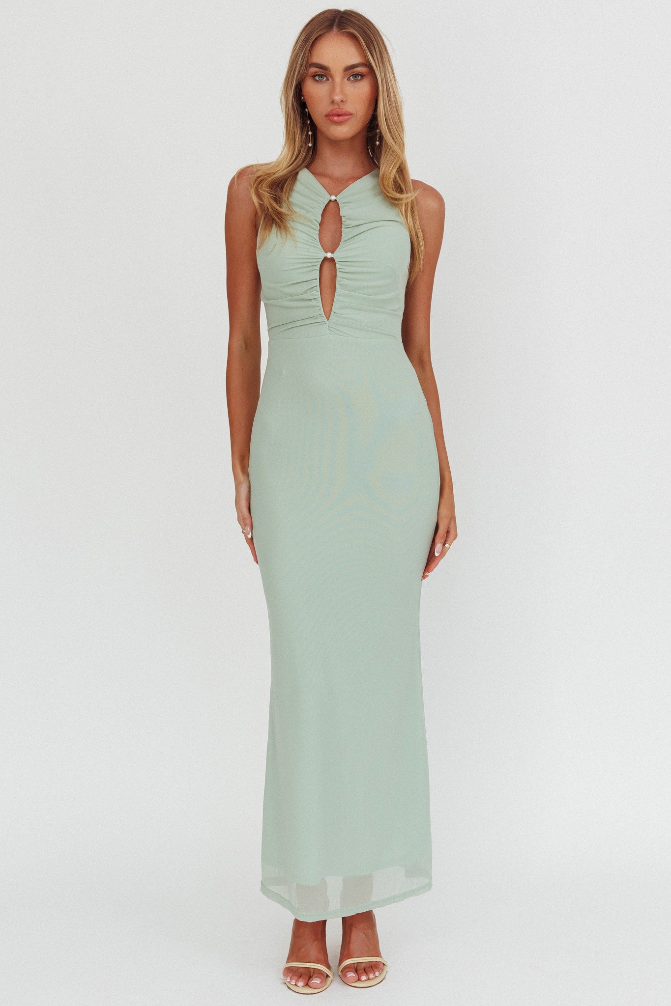 Piece Of Heaven Sleeveless Keyhole Mesh Maxi Dress Sage