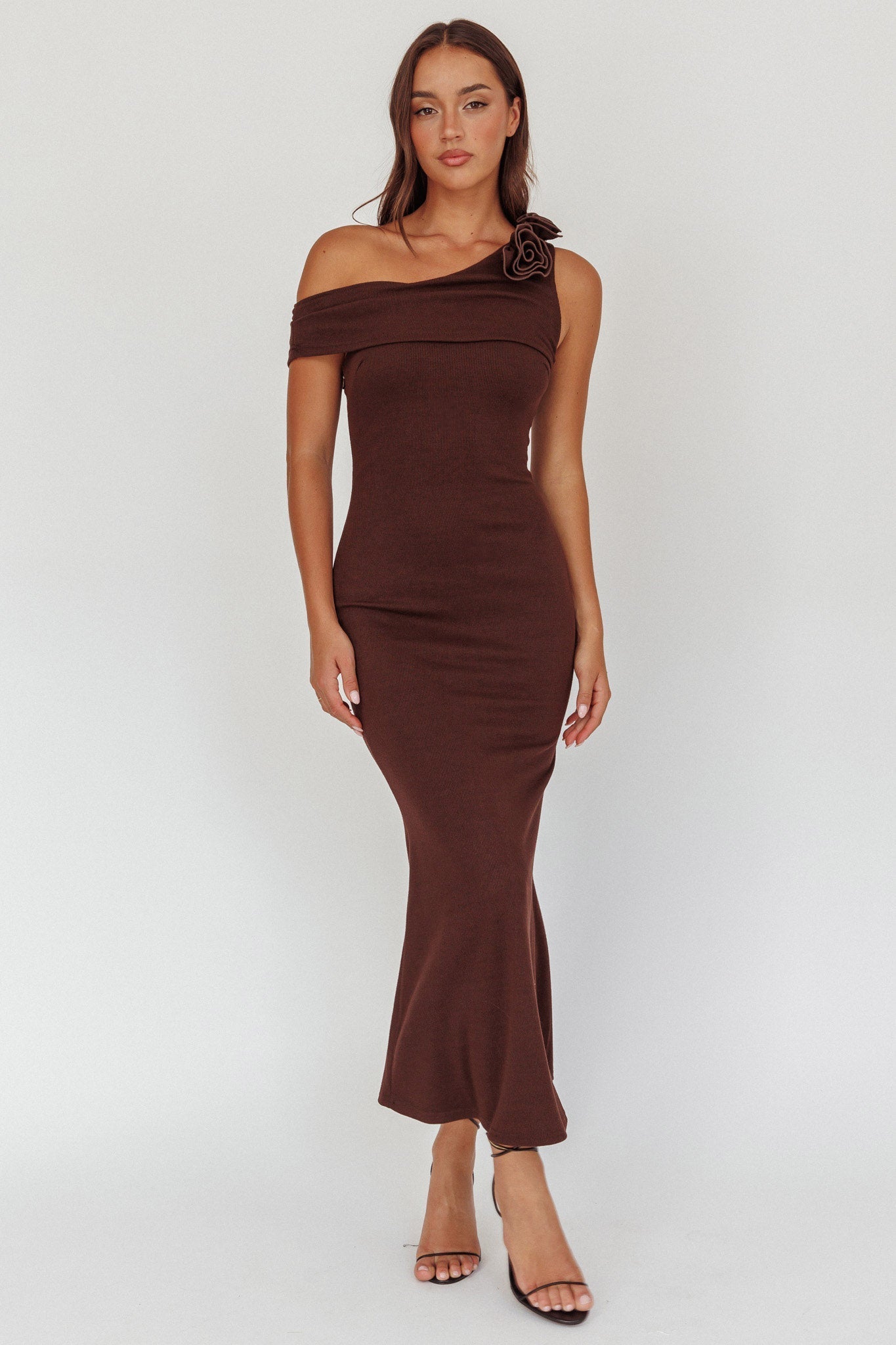 Mazon One-Shoulder Knit Maxi Dress Chocolate