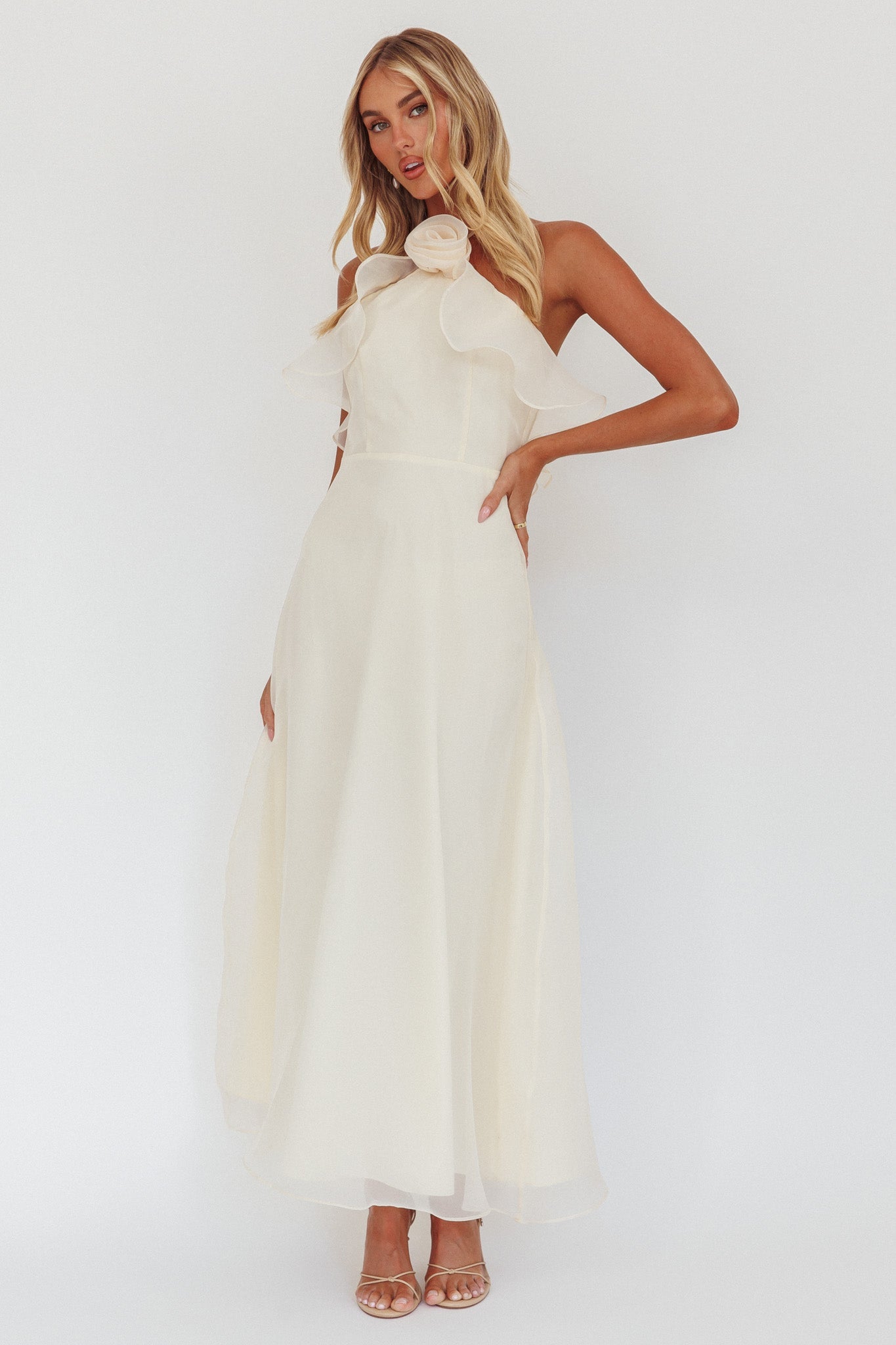 Cordially Invited Ruffle Neckline Rosette Maxi Vanilla