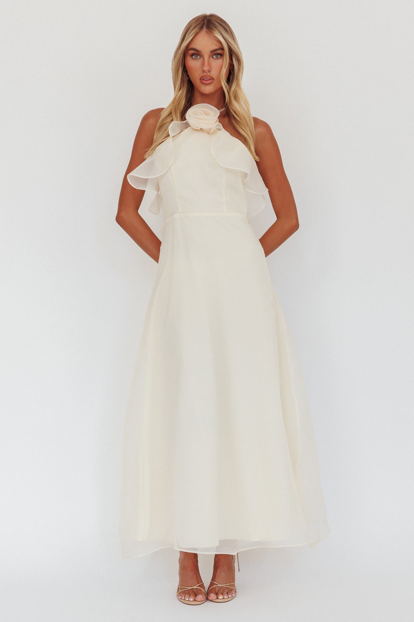 Cordially Invited Ruffle Neckline Rosette Maxi Vanilla