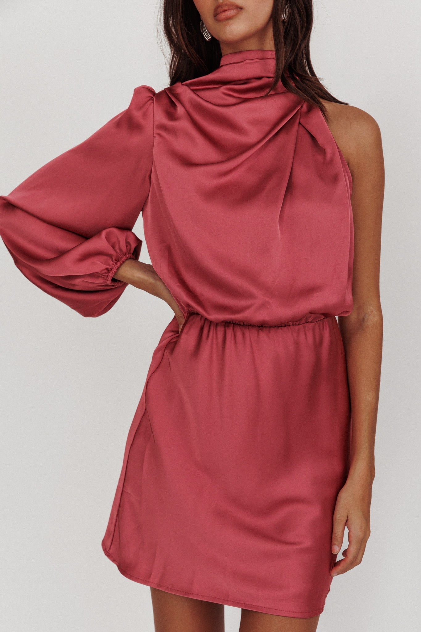 Can't Compete One Sleeve Satin Mini Dress Dusty Pink