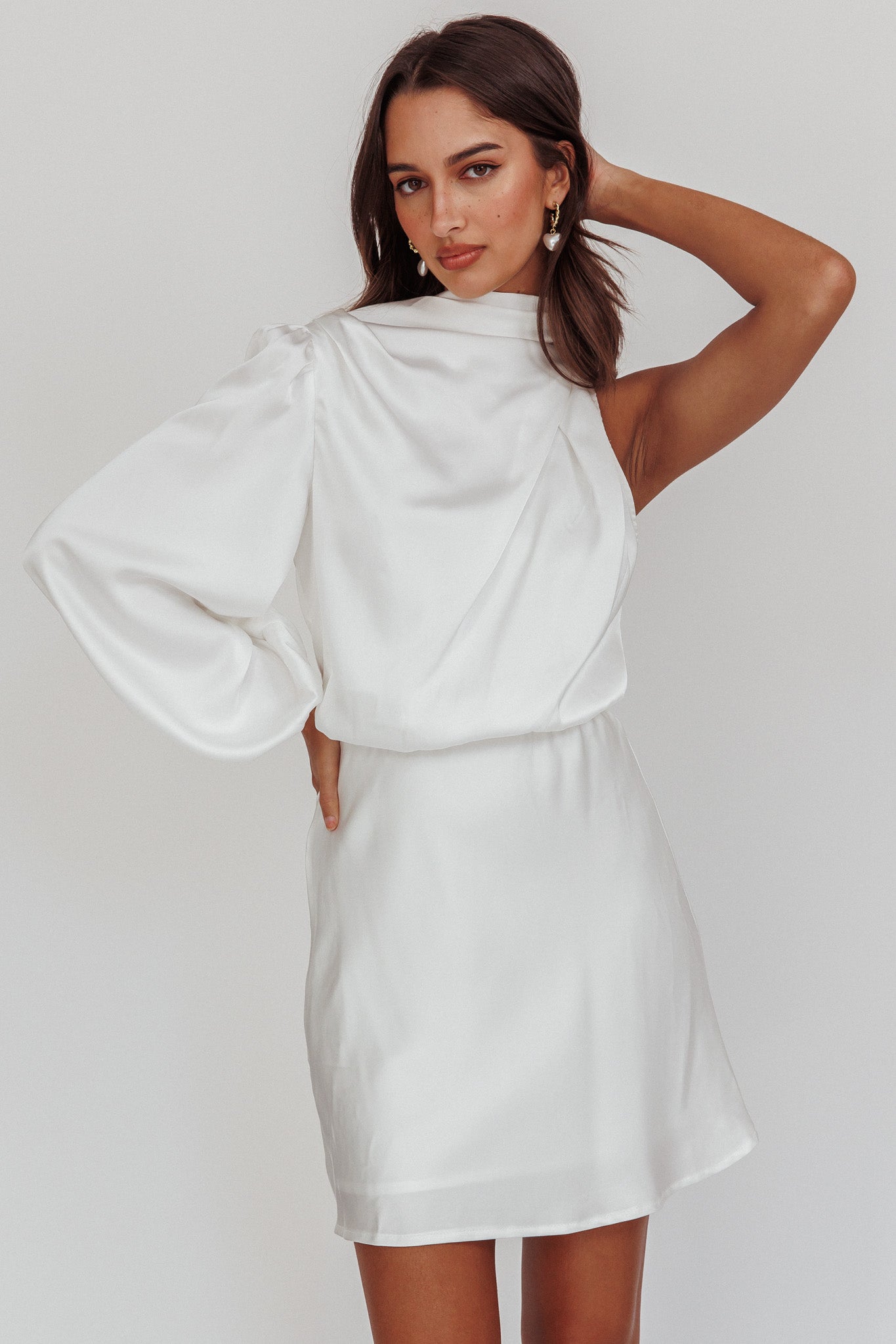 Can't Compete One Sleeve Mini Dress Off White