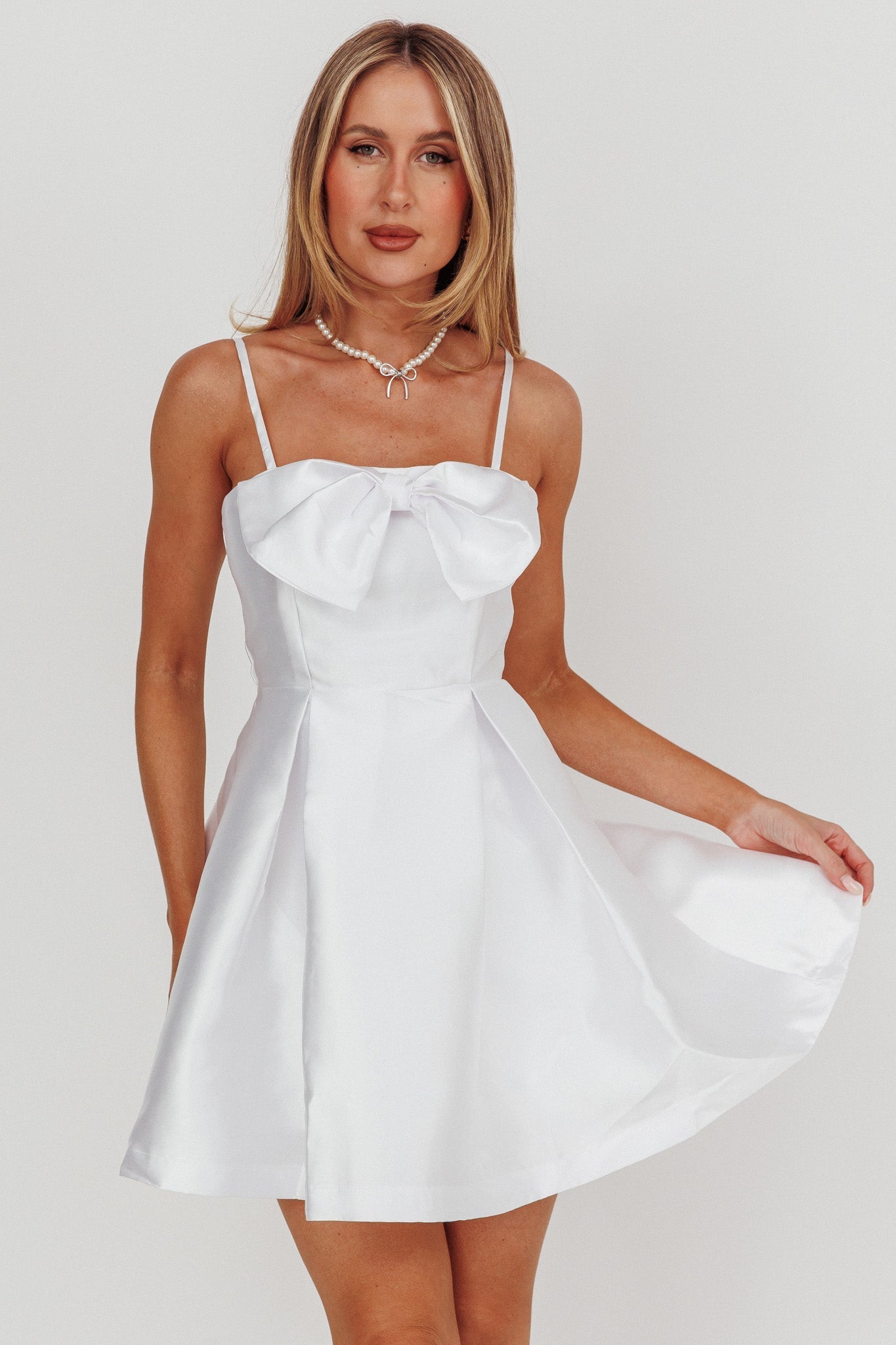 Love Talk Flared Bow Mini Dress White