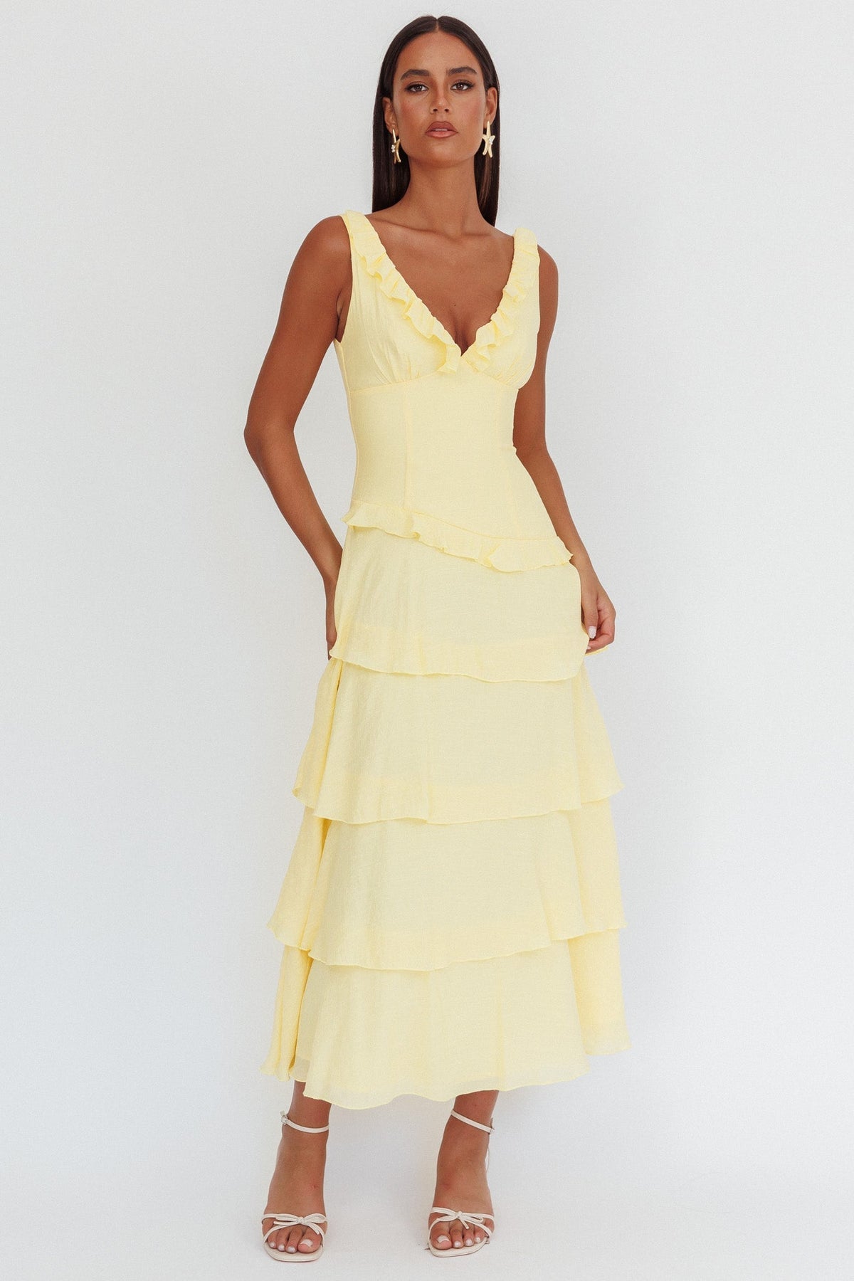 Khlara V-Neck Frill Trim Maxi Dress Butter
