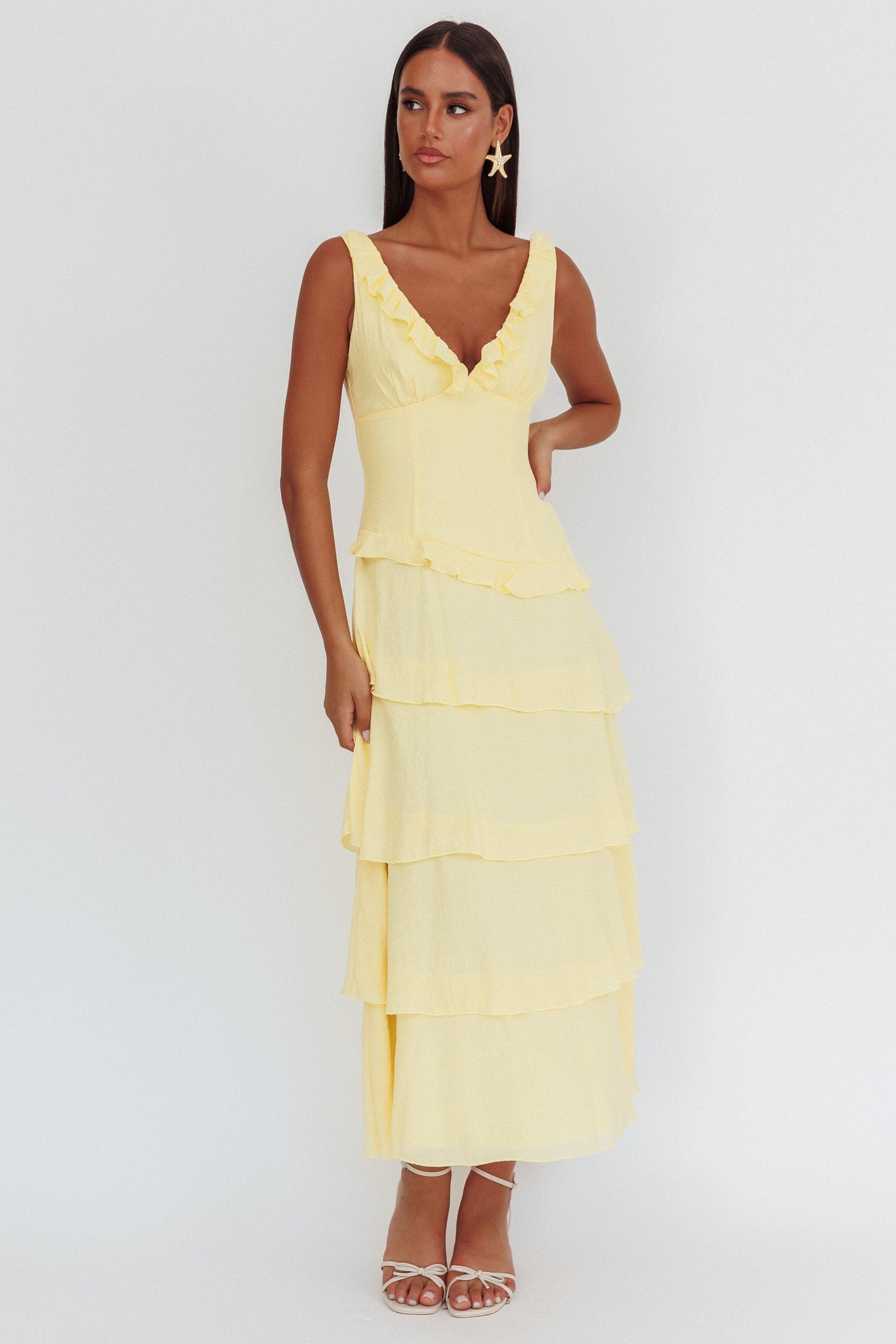 Khlara V-Neck Frill Trim Maxi Dress Butter