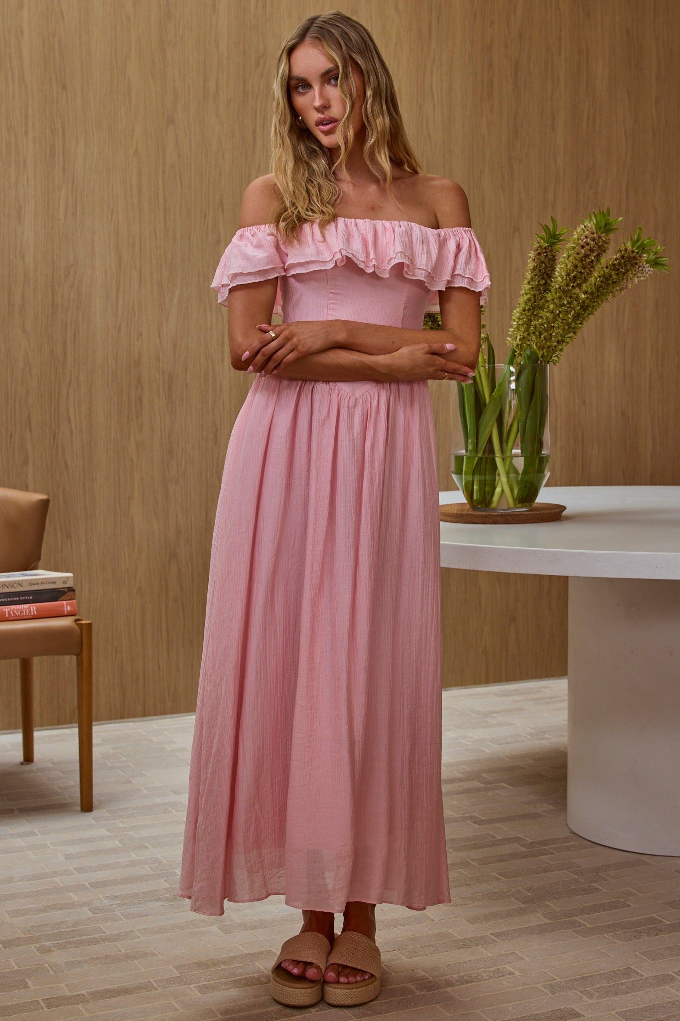 Serinah Basque Waist Off-Shoulder Maxi Dress Pink
