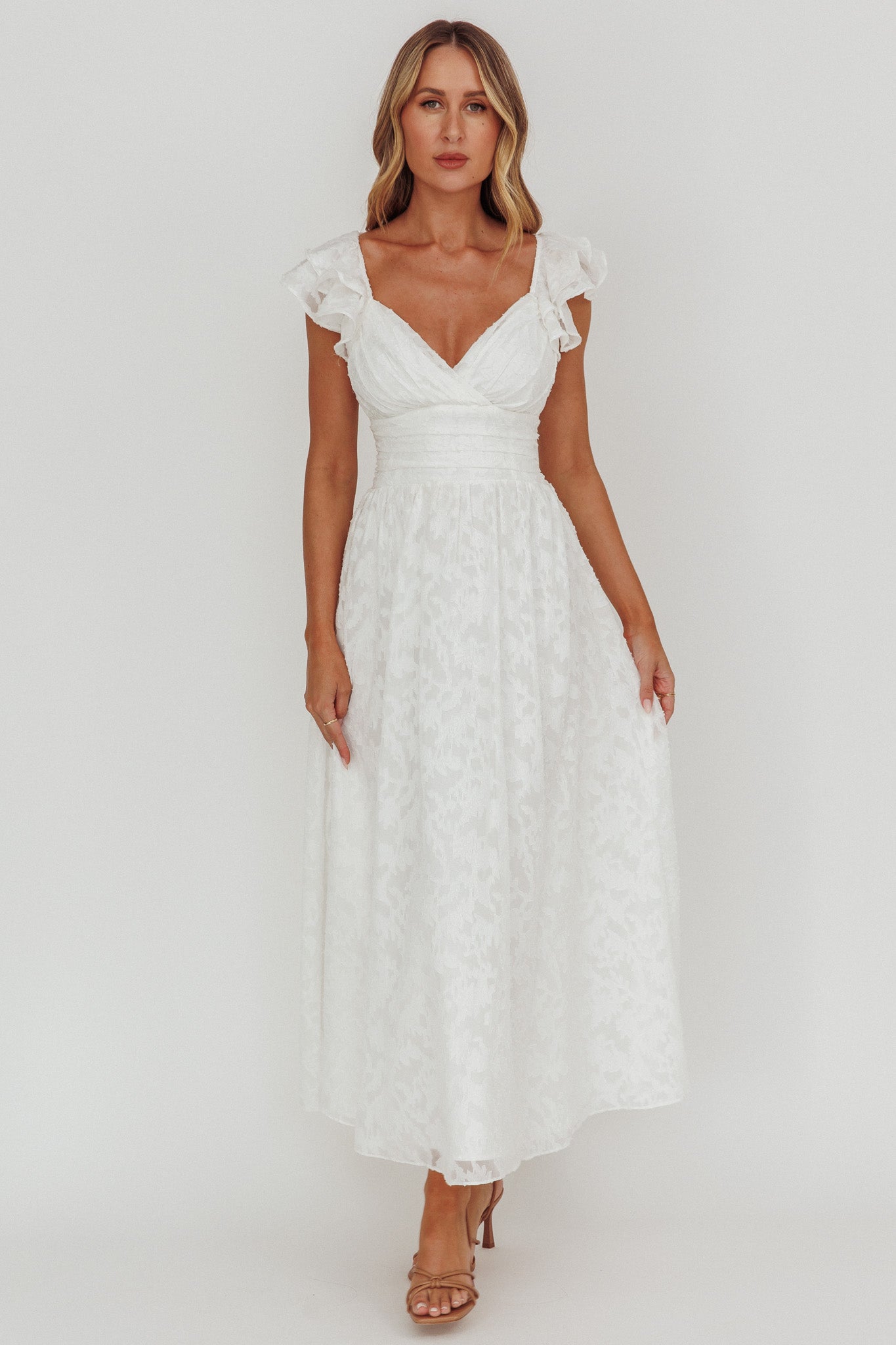 Lola Ruffle Shoulder Maxi Dress Textured White