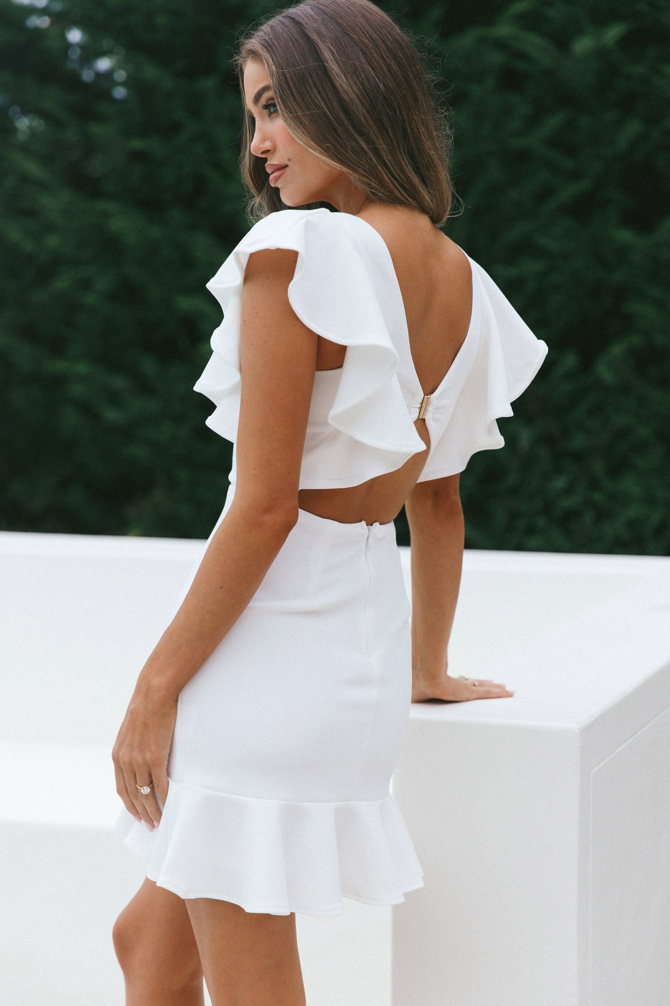 Cupid's Bow V-Neckline Ruffle Shoulder Bodycon Dress White