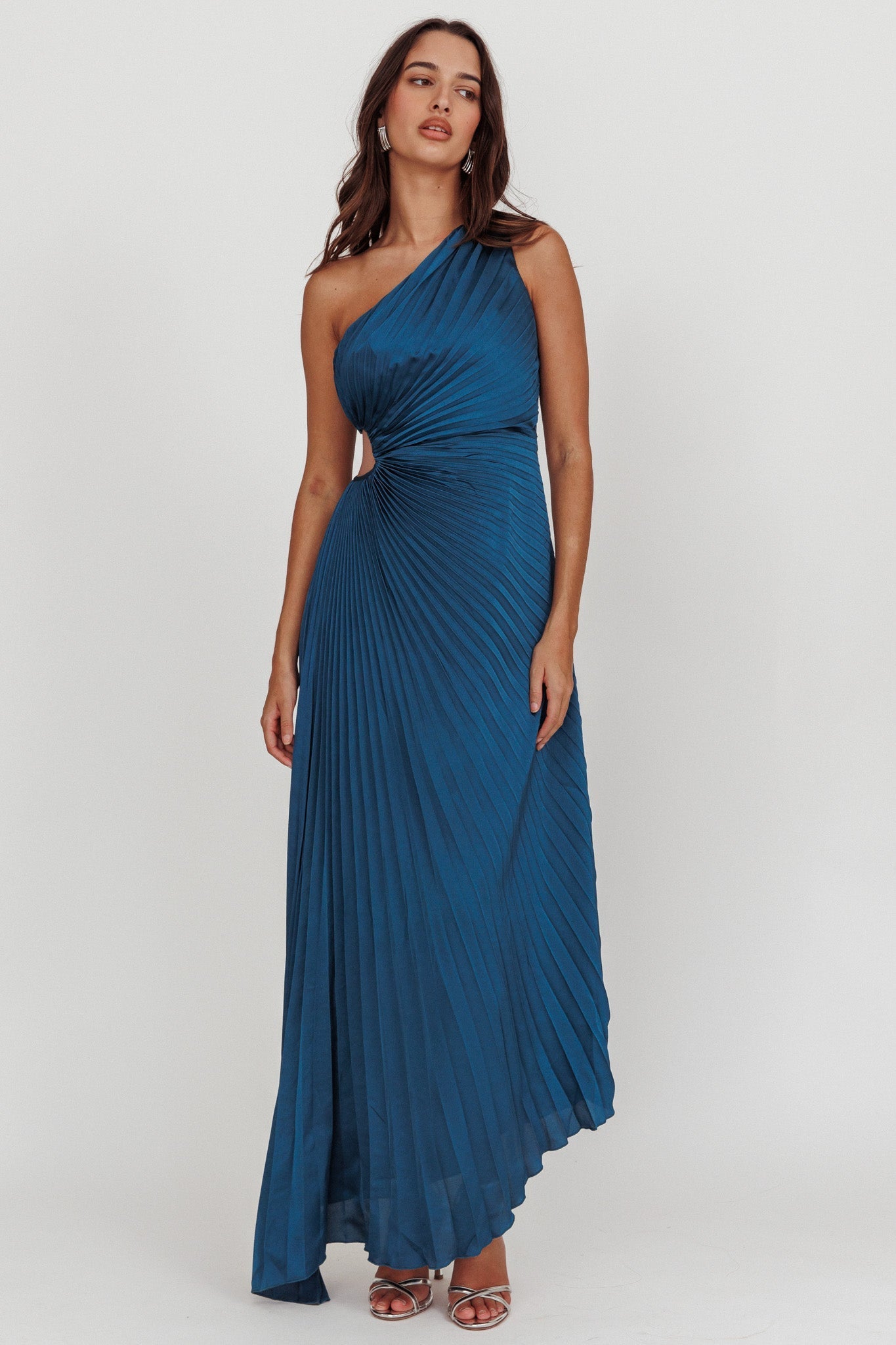 Amelie One-Shoulder Accordion Pleat Maxi Dress Teal