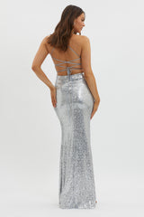 Starry Eyes Lace-Up Back Sequin Maxi Dress Silver