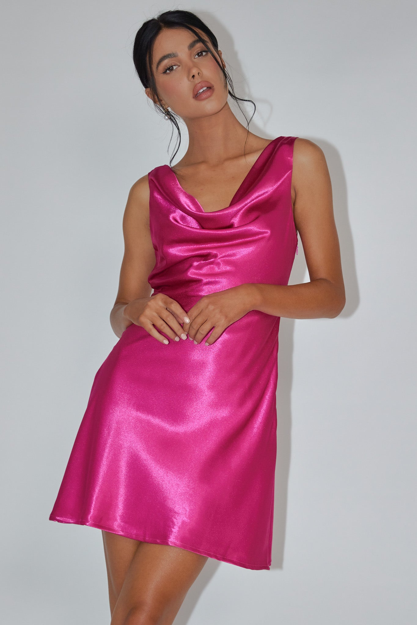 Casablanca Night Cowl Mini Dress Fuchsia