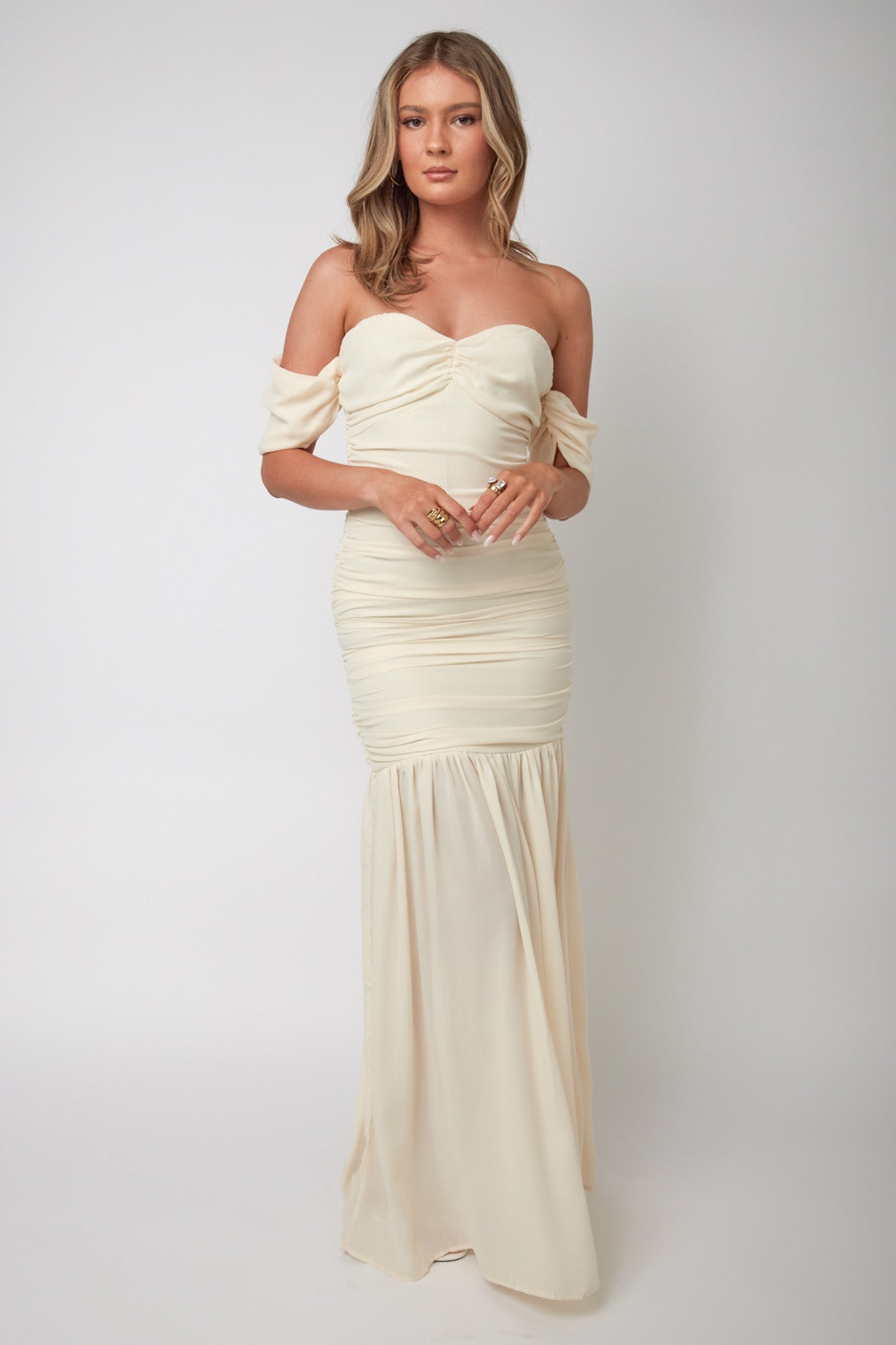 Dalisha Off Shoulder Ruched Maxi Dress Cream