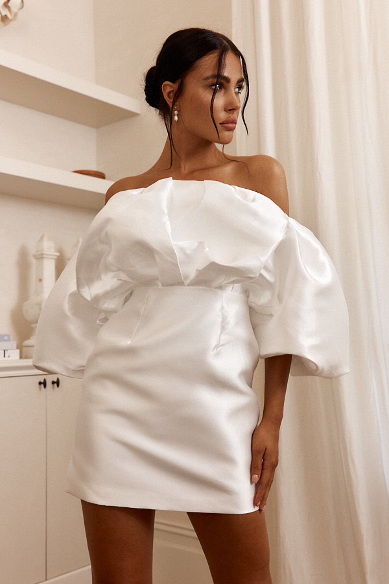 Dream Time Puffed Neckline Mini Dress Off White