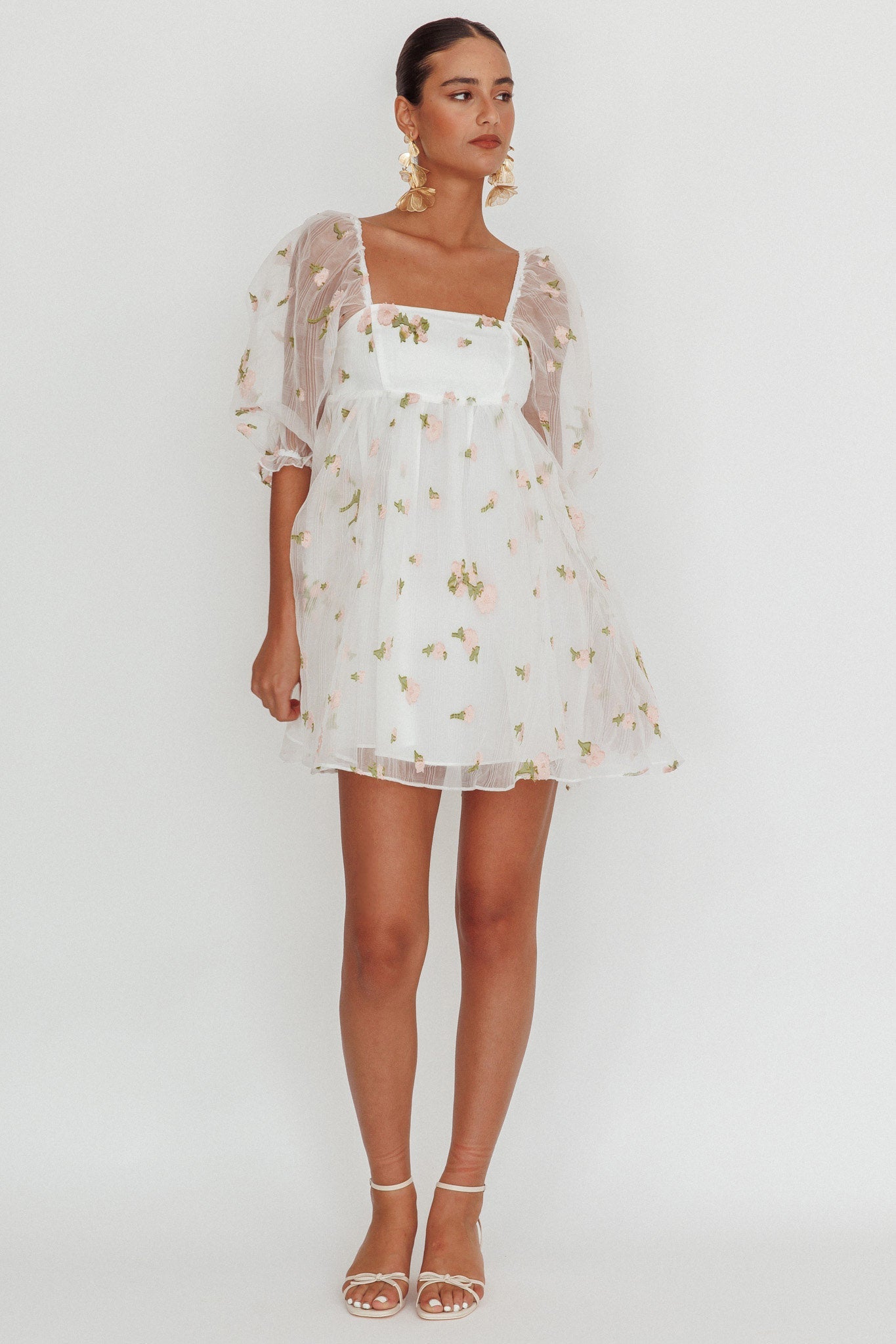 Helen Floral Organza Mini Dress White Pink