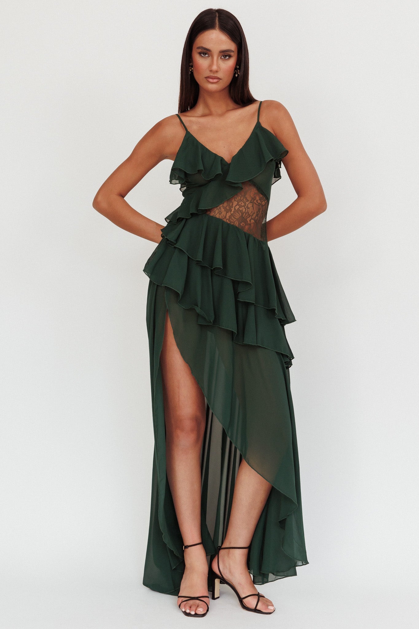 Amaretto Lace Waist Ruffle Maxi Dress Hunter Green
