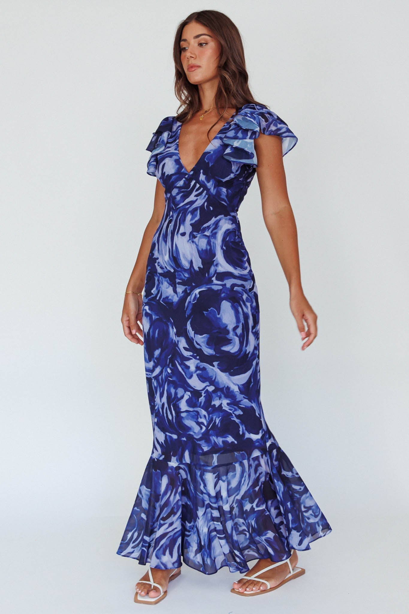 Lydiah Ruffle Sleeve Maxi Dress Floral Blue