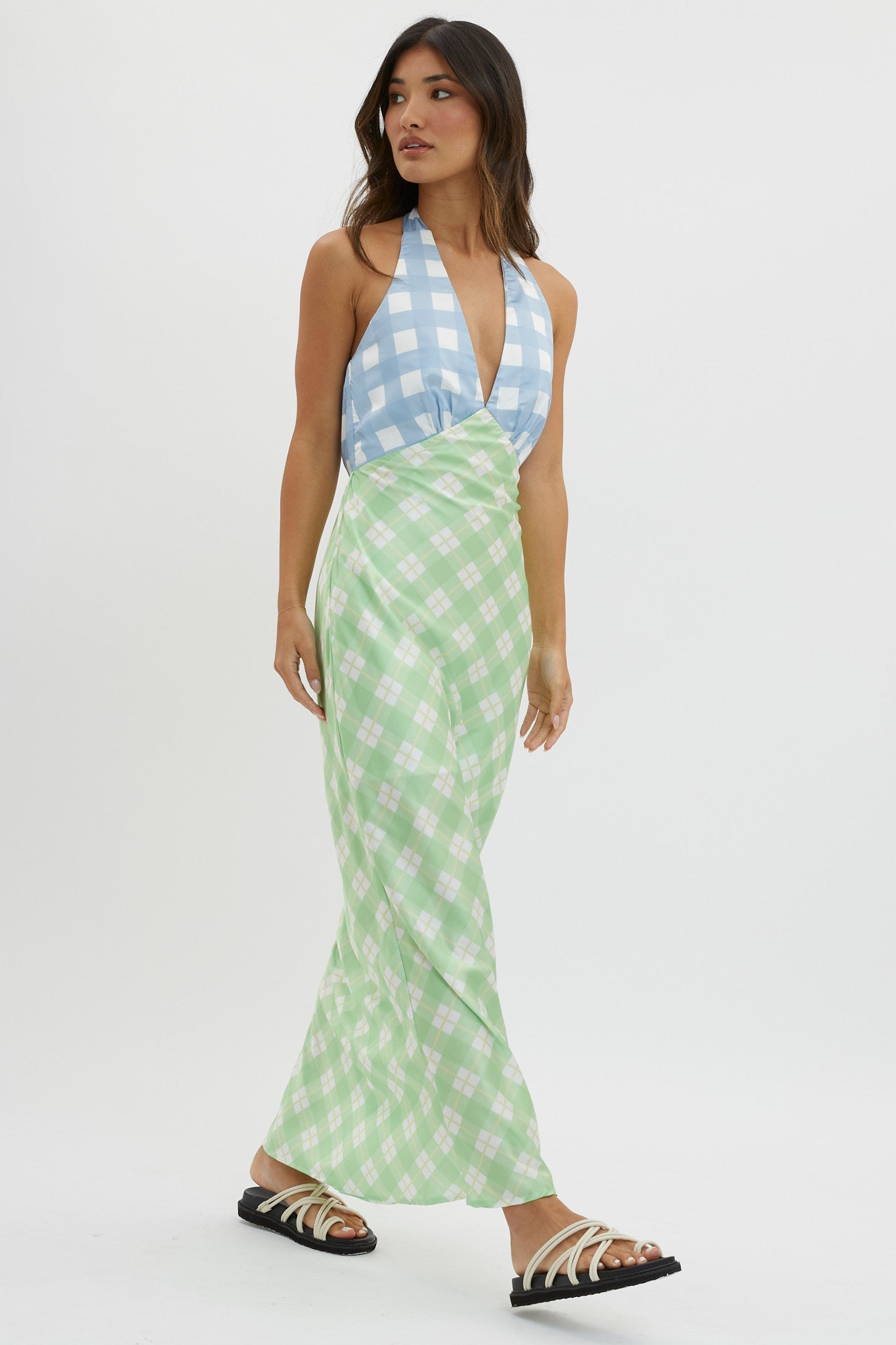 Lavara Halterneck Maxi Dress Checker Green