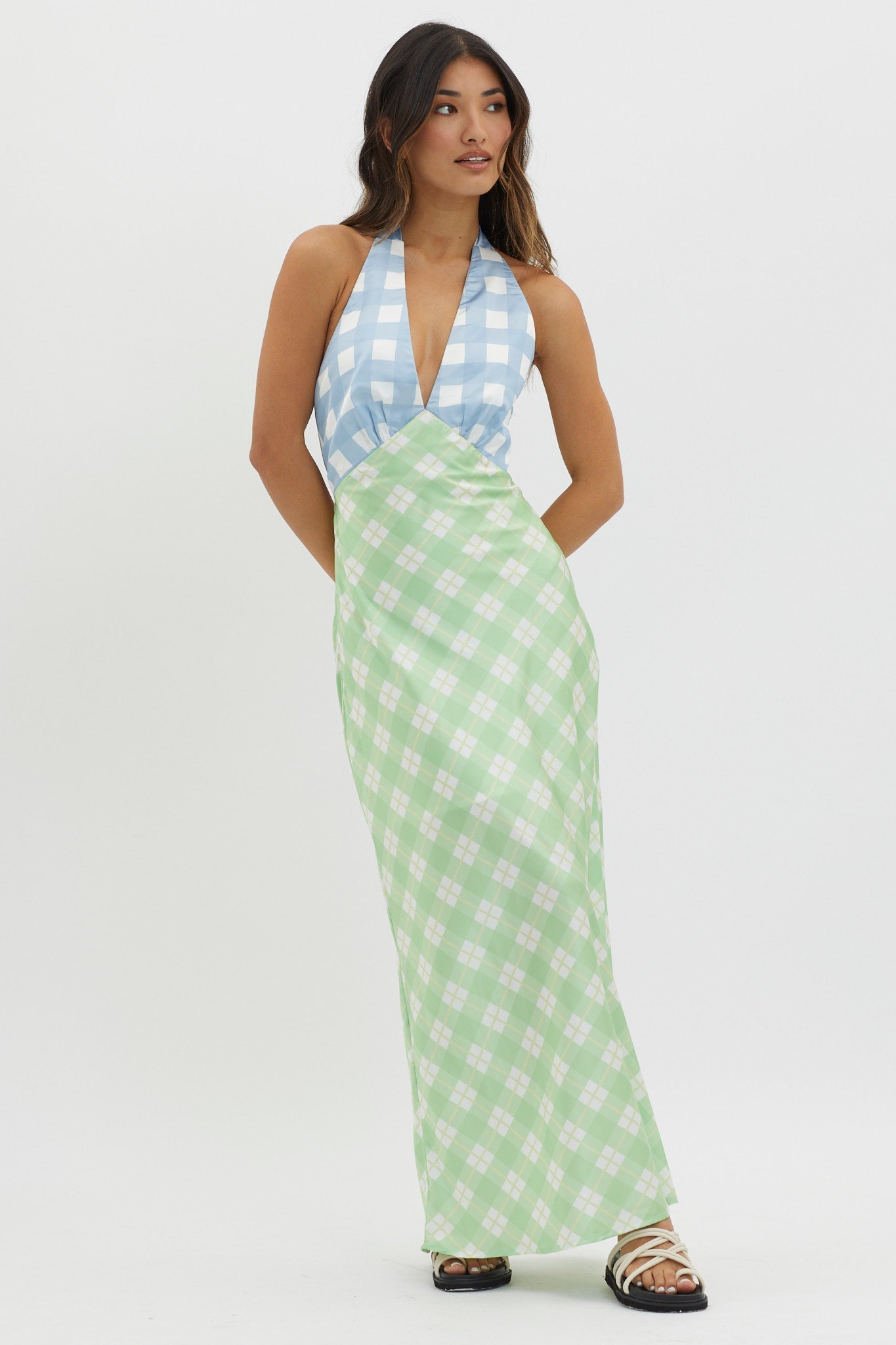 Lavara Halterneck Maxi Dress Checker Green