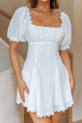 Chablis Gathered Bust Puff Sleeve Textured Mini Dress White