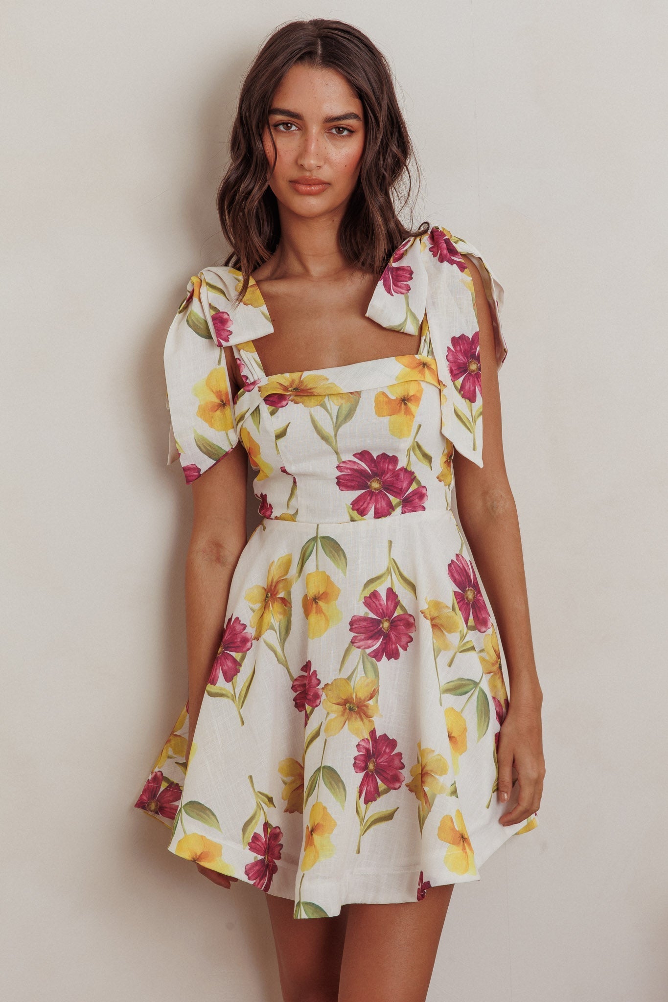 Jeanie Tied Shoulder Mini Dress Flower Purple