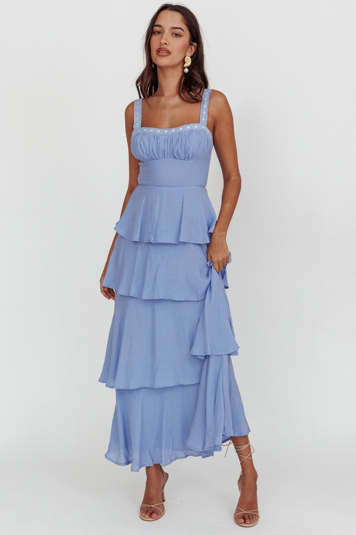 Provence Bloom Tiered Ruffle Maxi Dress Blue