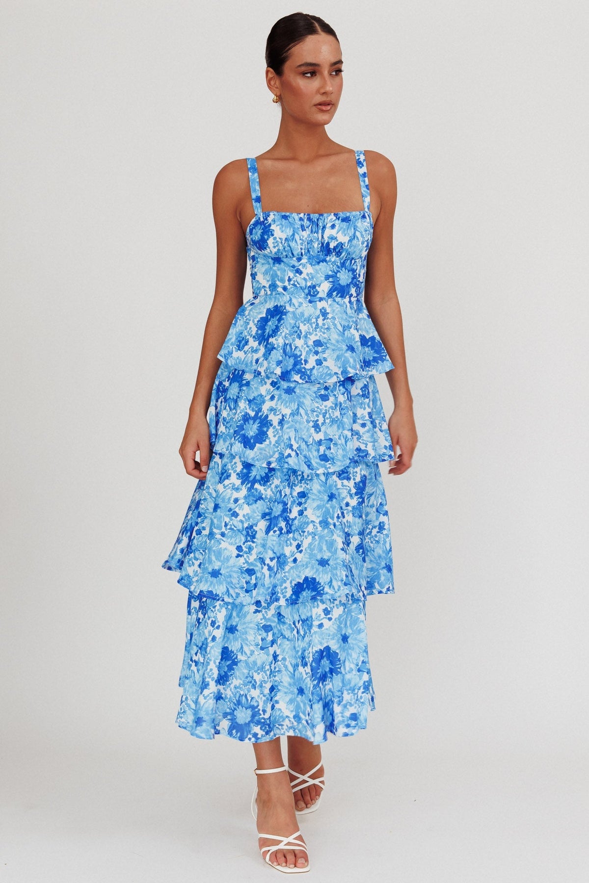 Provence Bloom Tiered Floral Maxi Dress Blue