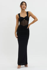 Oliana Sheer Waist Keyhole Maxi Dress Black