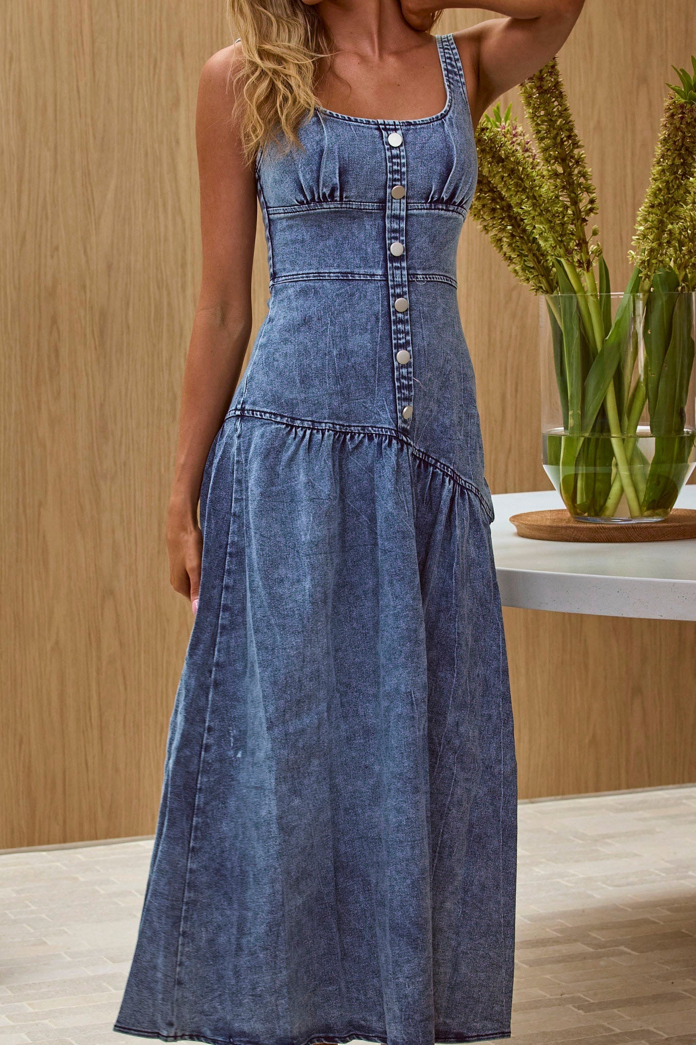 Pansy Scoop Neck Flounce Hem Maxi Dress Denim