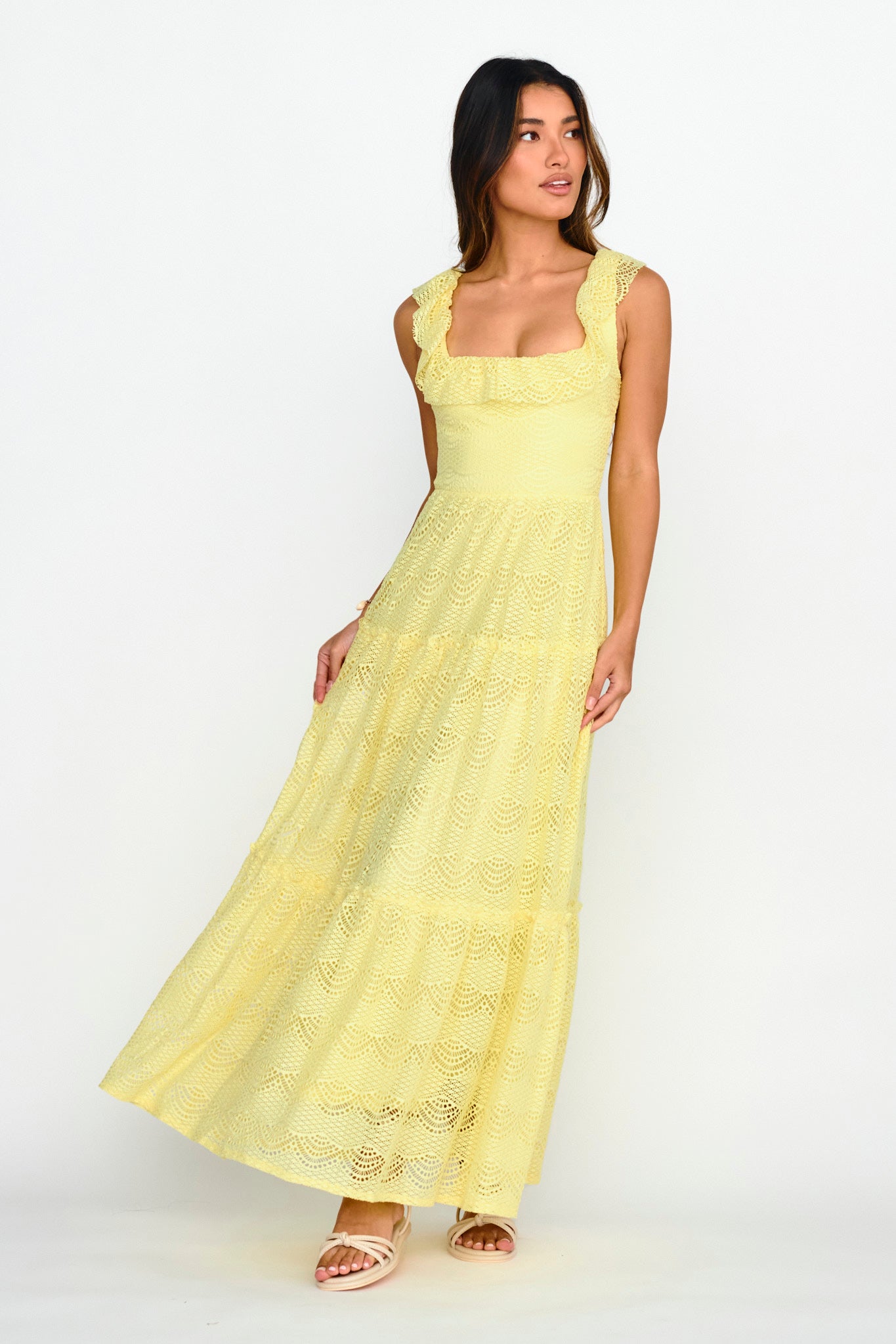 Portofino Sunset Ruffle Lace Maxi Dress Lemon