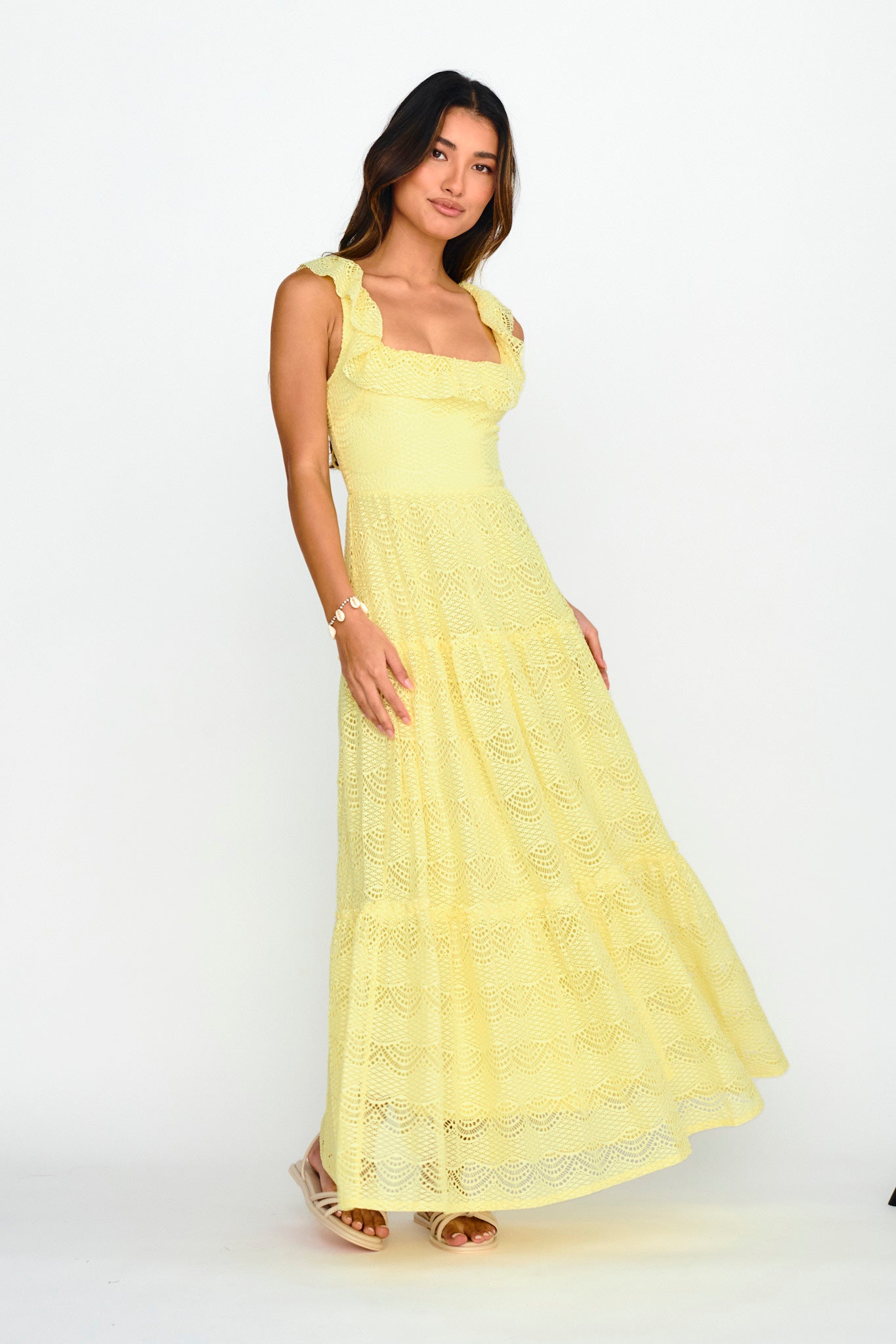 Portofino Sunset Ruffle Lace Maxi Dress Lemon