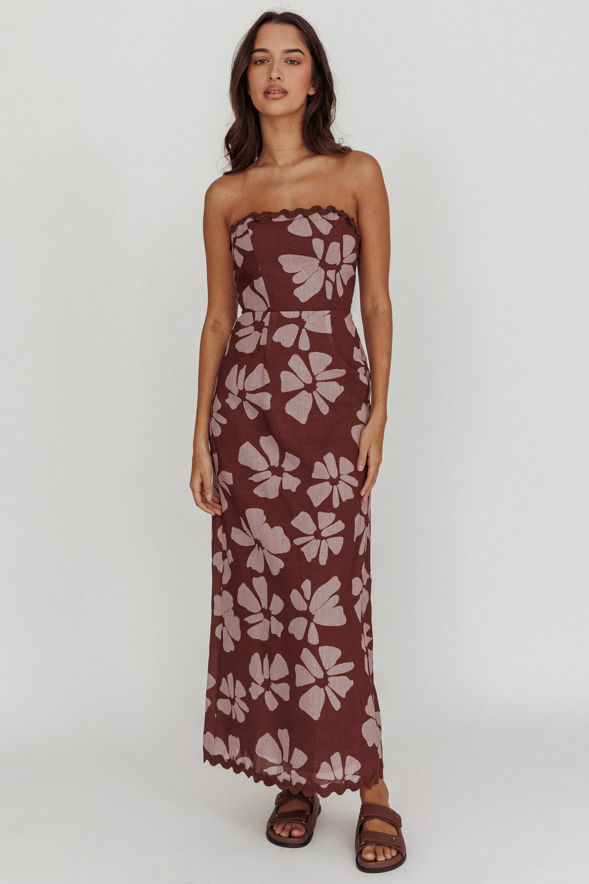Cypress Floral Strapless Maxi Dress Brown