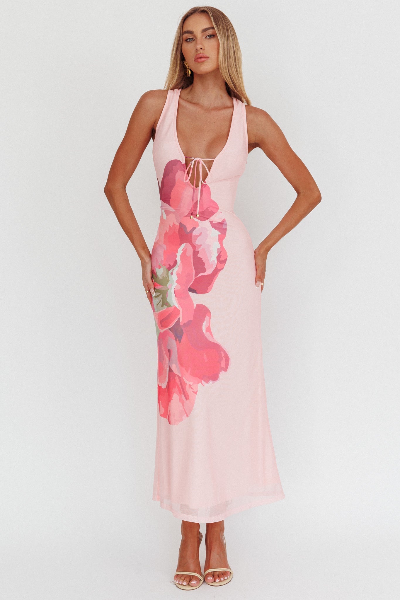 Cinders Tied Plunging Neckline Maxi Dress Flower Pink