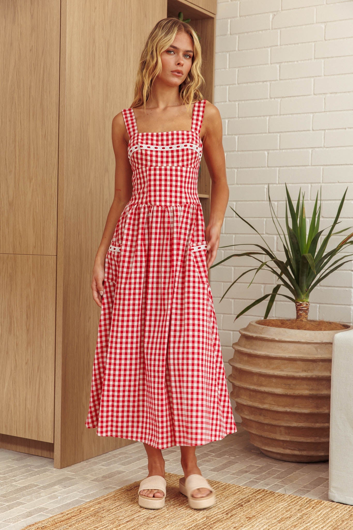 Elderflower Front Pocket Maxi Dress Gingham Red