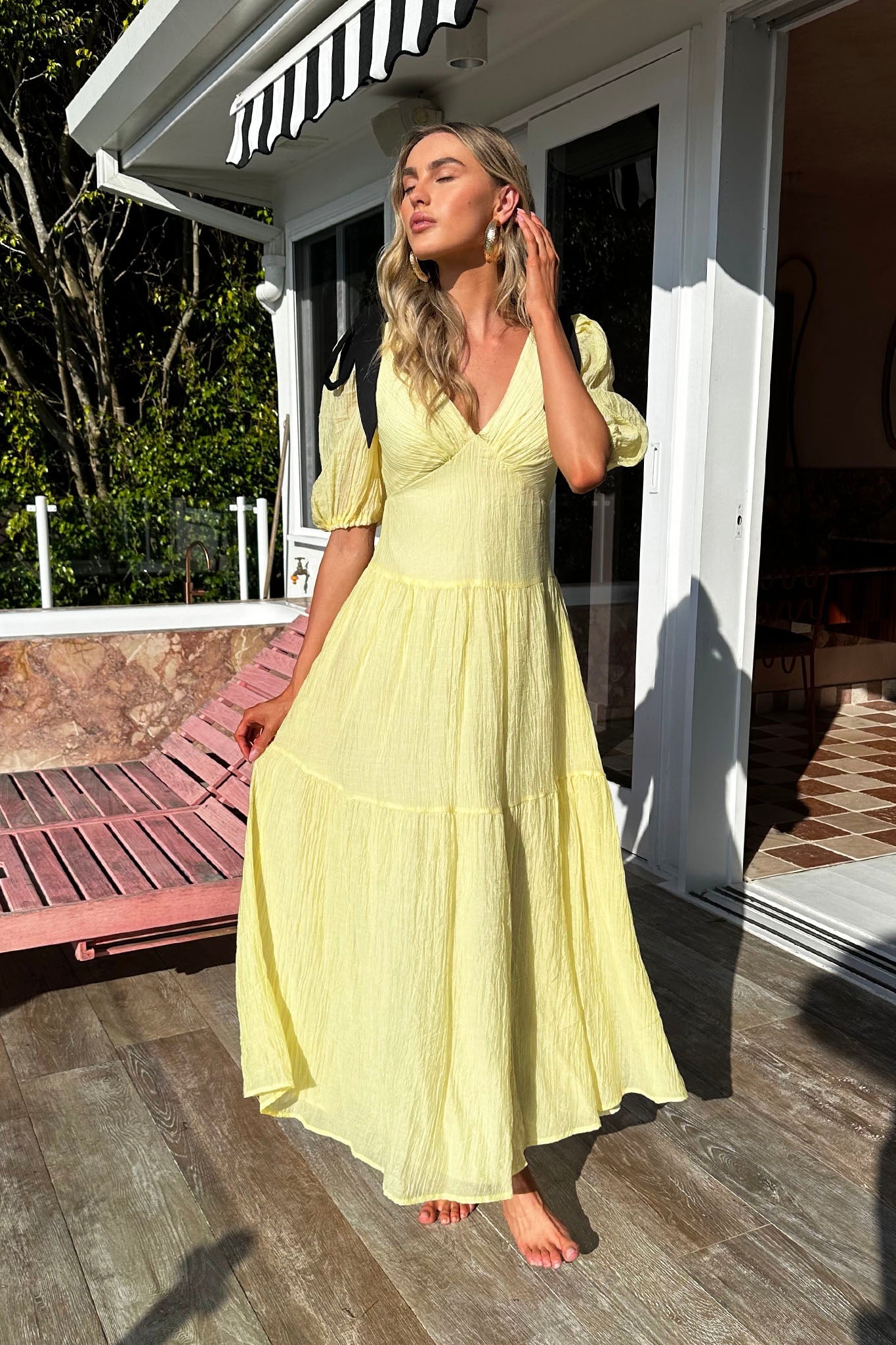 Sinta Bow Shoulder Puff Sleeve Maxi Dress Lemon