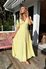 Sinta Bow Shoulder Puff Sleeve Maxi Dress Lemon