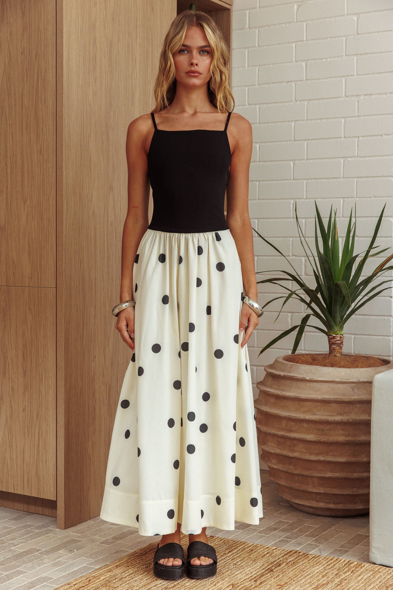 Melbourne Contrast Bodice Maxi Dress Polka Dot Black