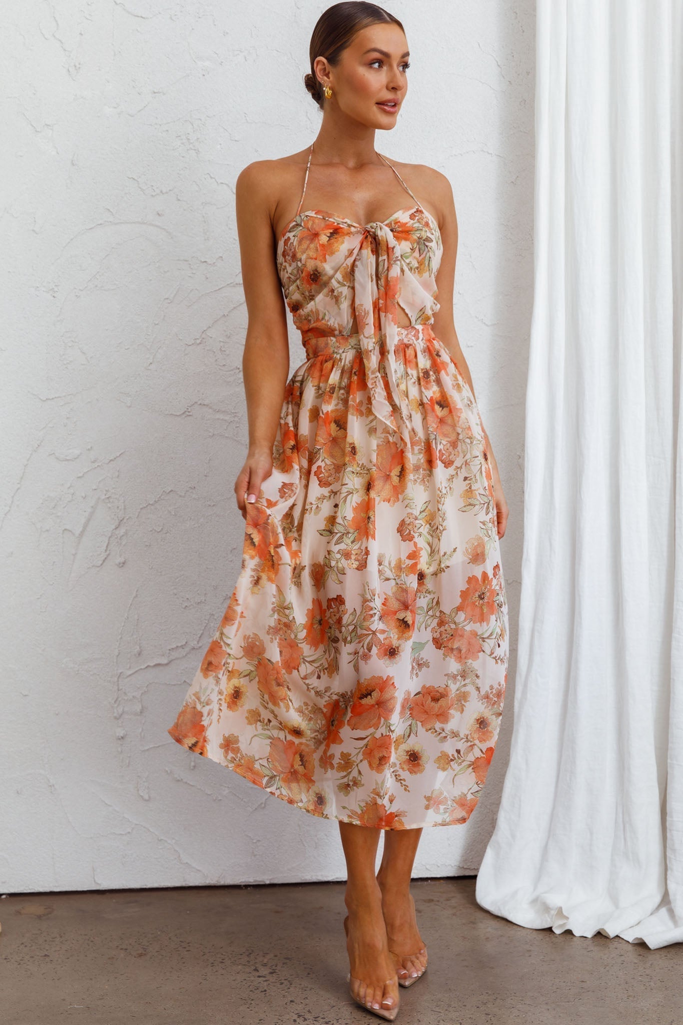 Los Feliz Tied Bust Halterneck Midi Dress Floral Beige