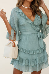 Time Will Tell Angel Sleeve Frill Detail Dress Olive