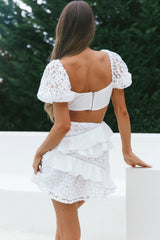 Taurus Floral Embroidery Puff Sleeve Dress White