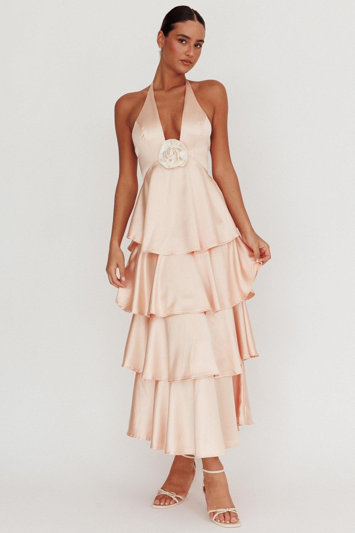 Catalina Tiered Ruffle Rosette Maxi Dress Peach