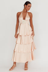 Catalina Tiered Ruffle Rosette Maxi Dress Peach