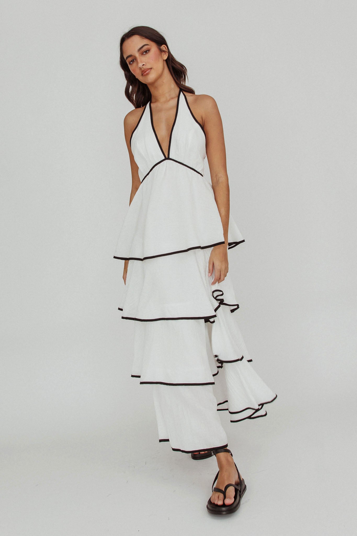 Catalina Tiered Ruffle Maxi Dress White/Black