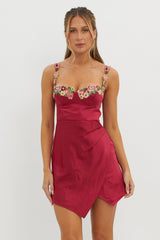 Rose Garden Floral Applique Wrap Mini Dress Merlot