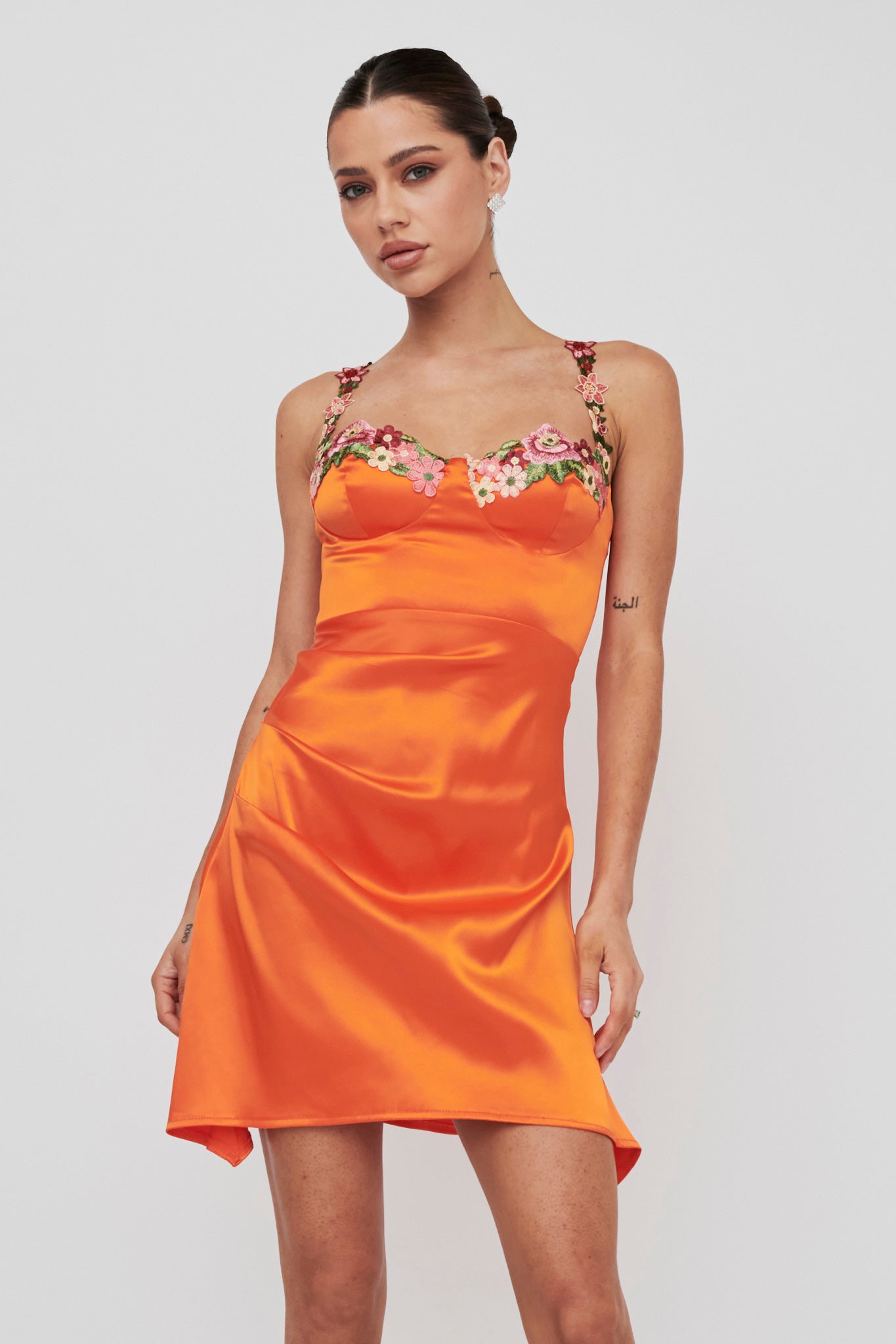 Rose Garden Floral Applique Pleat Mini Dress Orange