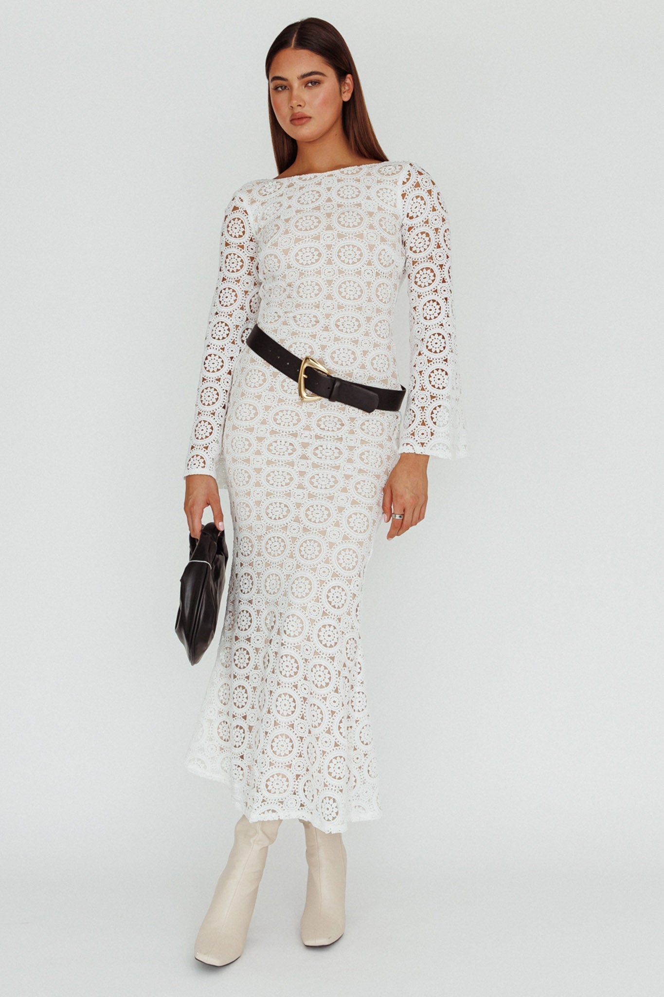 Kasia Long Sleeve Crochet Maxi Dress White