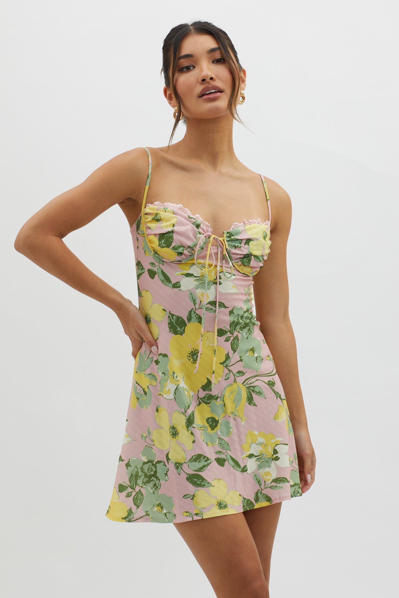 Fortune Lace Trim Bust Tie Mini Dress Floral Pink